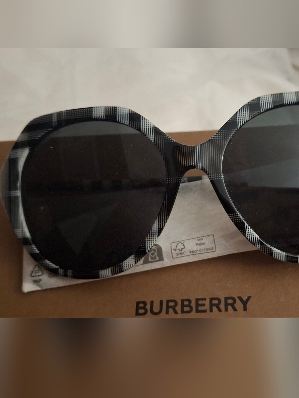 Burberry Black & White Plaid Round Sunglasses